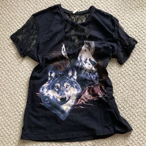Emma & Sam Grunge Wolf Lace Inset Oversize Graphic Tee